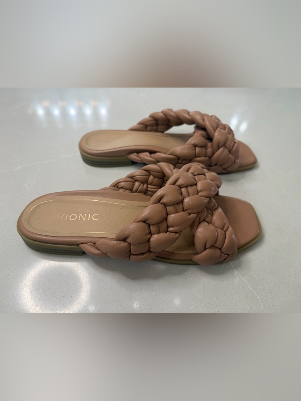 Vionic Kalina Macaroon Tan Braided Cross Strap Slides Slide Sandals, 10